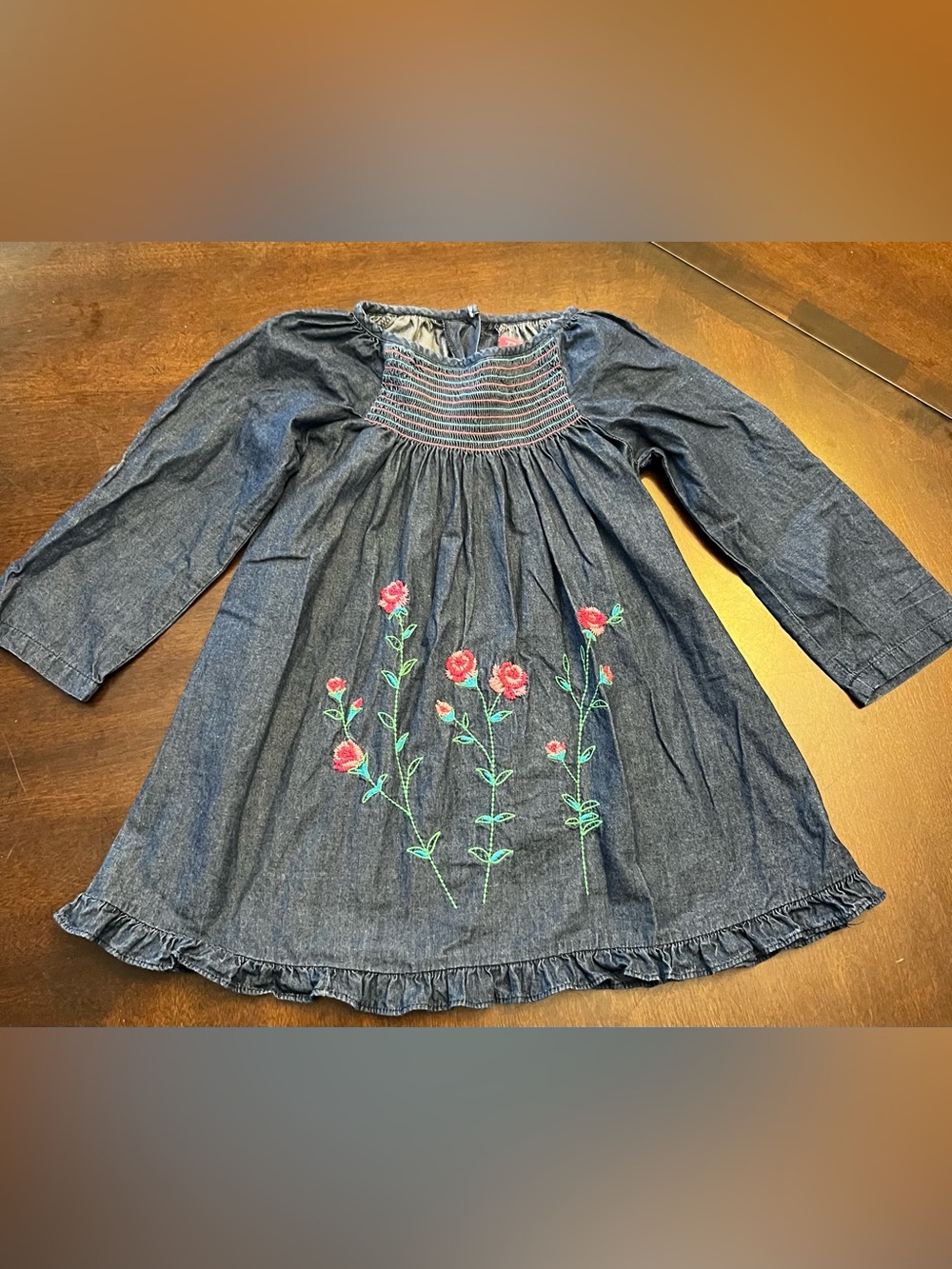 Good Lad Dark Blue Denim Dress with Pink Floral Embroidery